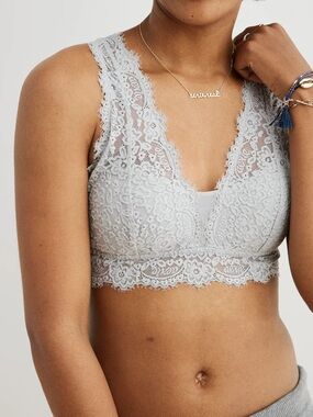 Aerie Eyelash Lace Plunge Bralette Light Grey SIZE S